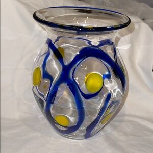 Handblown 8 1/2” Clear Glass Vase with Blue & Yellow Accents